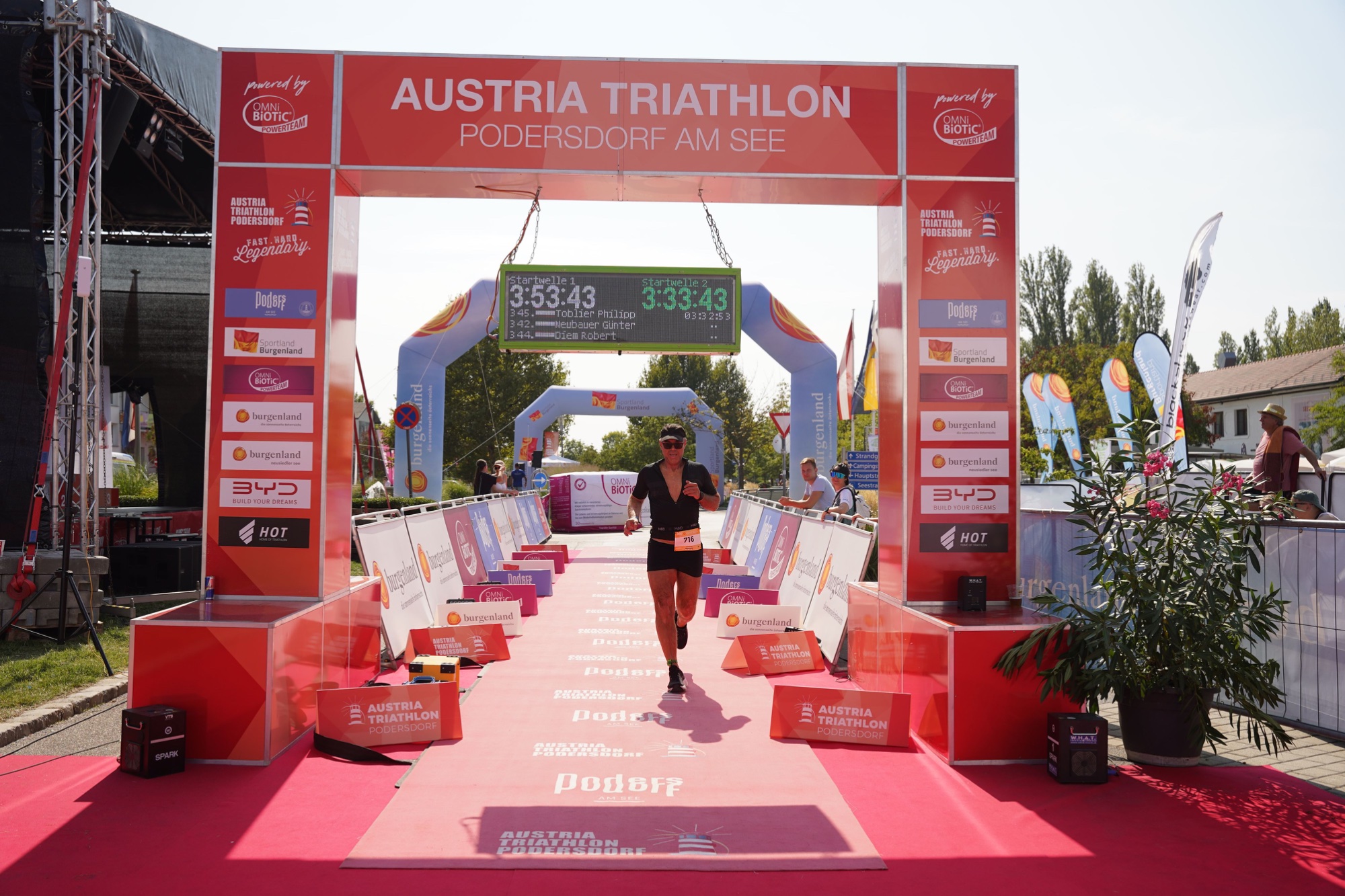 Günter Neubauer beim Zieleinlauf des Austria Triathlon Podersdorf – Disziplin und Durchhaltevermögen als Coach